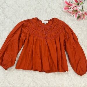 The Great - Rust Buttons & Lace Peasant Top, Size 0